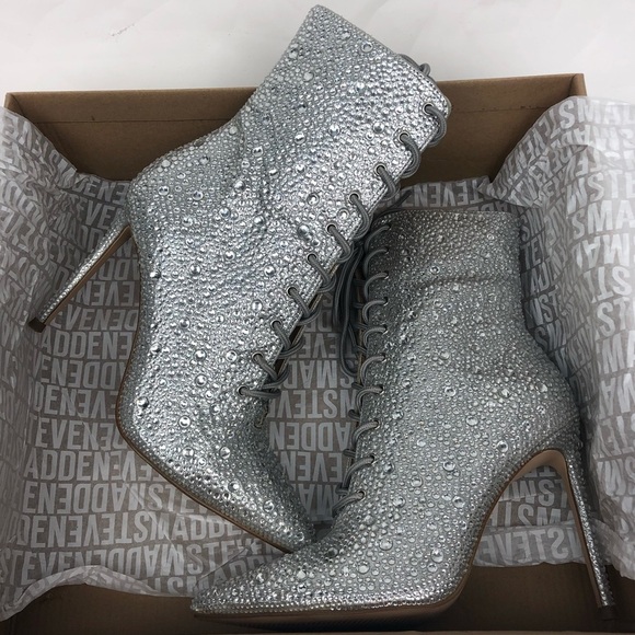 NWT Steve Madden Valency Crystal Embellished Lace Up Stiletto Heeled Ankle Boots - Picture 5 of 10